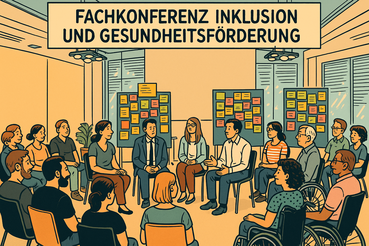 Comicartige Darstellung einer Fishbowl-Diskussion, erstellt mit KI (DALL·E / OpenAI), 2025
