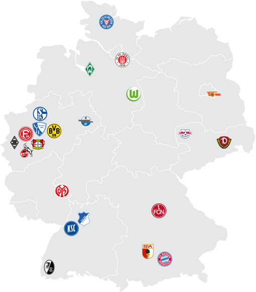 Karte von Deutschland mit Logos verschiedener Fußballvereine verteilt nach deren geografischem Standort