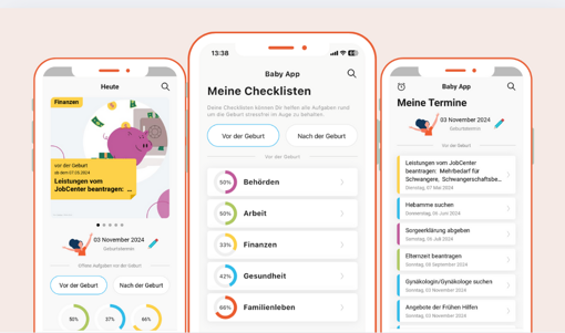 Drei Smartphone-Bildschirme zeigen eine Baby-App mit Checklisten und Terminen vor und nach der Geburt