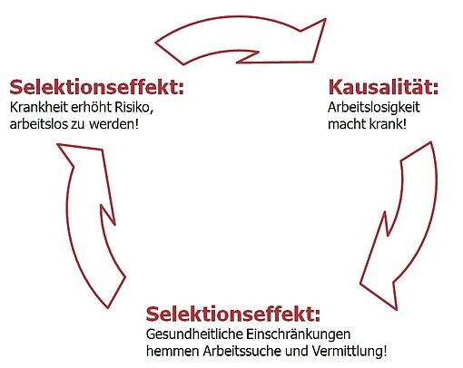 Diagramm mit drei Pfeilen in Kreisform und den Beschriftungen 'Selektionseffekt: Krankheit erhöht Risiko, arbeitslos zu werden', 'Kausalität: Arbeitslosigkeit macht krank' und 'Selektionseffekt: Gesundheitliche Einschränkungen hemmen Arbeitssuche und Vermittlung'