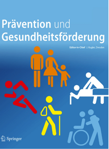 Titelblatt der Zeitschrift "Prävention und Gesundheitsförderung": Bunte Piktogramme von Personen in verschiedenen Gesundheits- und Bewegungssituationen vor blauem Hintergrund