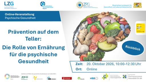 Grafik mit einem Teller, der aus verschiedenen Lebensmitteln wie Obst, Gemüse und Nüssen geformt ist, daneben Text zu einer Online-Veranstaltung über Prävention und die Rolle der Ernährung für die psychische Gesundheit