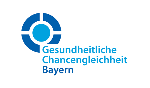 Logo mit blauem Kreis und Segmenten, daneben der Text 'Gesundheitliche Chancengleichheit Bayern' in Blau.