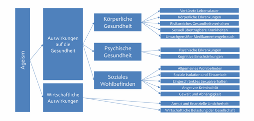 Flussdiagramm zu den Auswirkungen von Ageismus mit den Kategorien körperliche Gesundheit, psychische Gesundheit und soziales Wohlbefinden sowie deren Unterpunkten