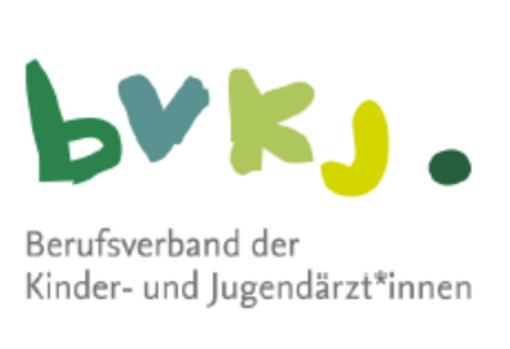 Logo des Berufsverbands der Kinder- und Jugendärzt*innen mit den Buchstaben 'bvkJ' in grüner und gelber Farbe und Text darunter