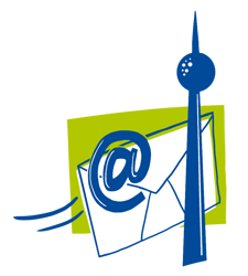 Illustration mit einem stilisierten Briefumschlag, einem großen @-Symbol und dem Berliner Fernsehturm vor einem grünen Hintergrund