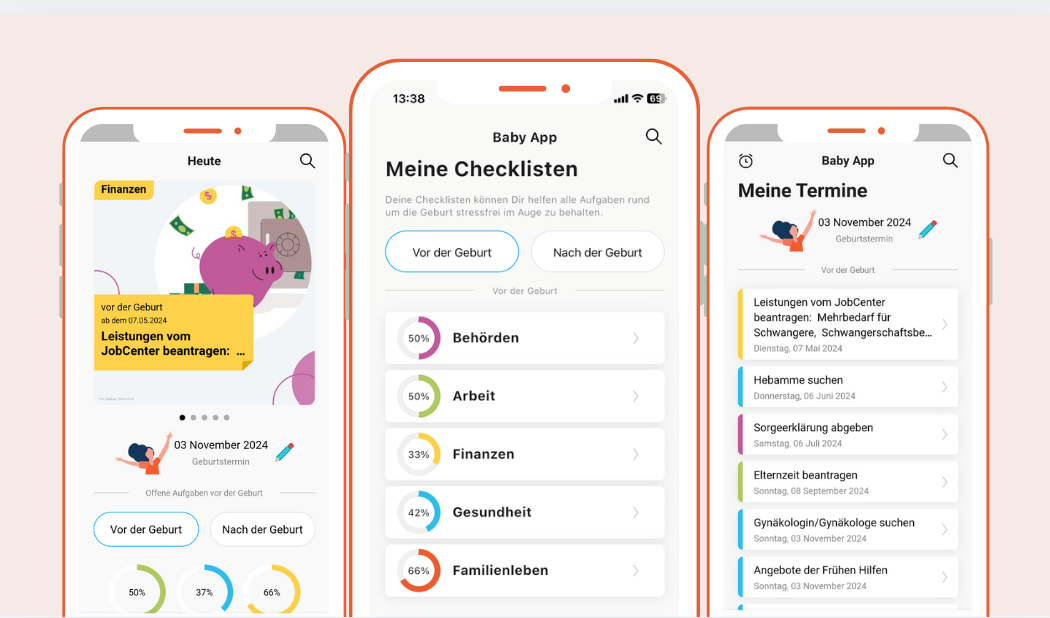 Drei Smartphones zeigen Screenshots der Baby-Berlin-App