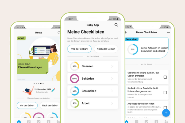Drei Smartphones zeigen Screenshots der Baby-Berlin-App