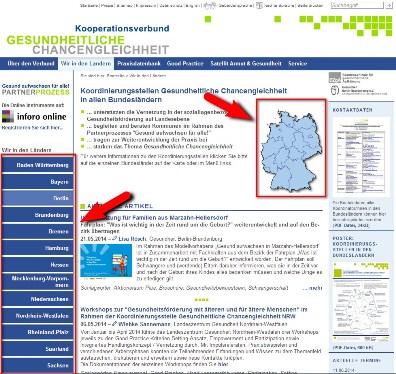 SCreenshot einer Unterseite mit Bundesländerkarte