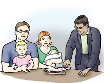 Familie mit Kleinkindern sitzt an einem Tisch und wird beraten